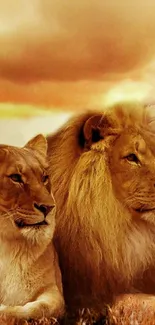 Majestic lions resting under a golden sunset sky.