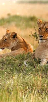 Two lions resting in a golden grassland landscape.