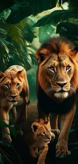 Lions walking through lush green jungle.