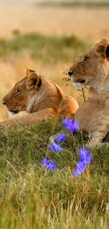 Lions resting in the grassy Serengeti landscape.