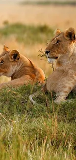 Majestic lions resting in a savanna landscape.