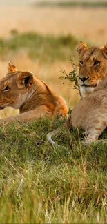 Two majestic lions resting on the savanna grassland.