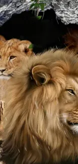 Majestic lions in a rocky natural setting.