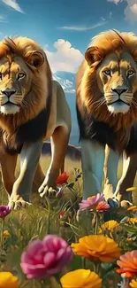 Two lions walking through a colorful field of wildflowers.