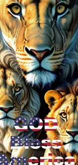 Majestic lion trio with 'God Bless America' text on wallpaper.