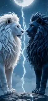 Two lions facing each other under a lightning-filled sky.