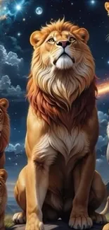 Majestic lions gather under a cosmic night sky.