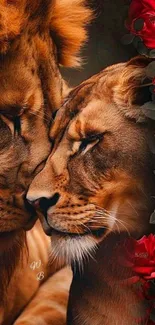 Two lions with red roses, close together.