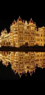 Illuminated palace perfectly reflected on calm water at night.