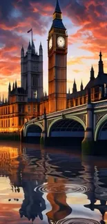 Stunning London sunset with Big Ben and bridge reflecting on Thames.