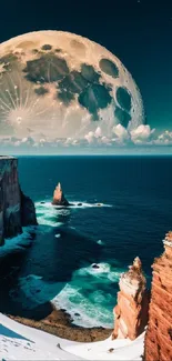 Majestic lunar landscape with ocean cliffs and vibrant night sky.