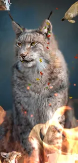 Lynx surrounded by flames with artistic elements in a dramatic scene.