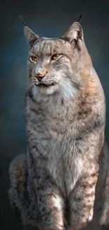 Majestic lynx sitting with a calm expression in a dark, serene setting.