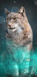 Mystical lynx with teal glow in dreamy forest setting.