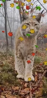 Lynx standing in autumn forest with falling leaves.