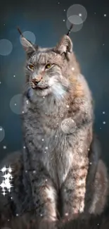 Majestic lynx sitting against a dark blue background.