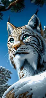 Majestic lynx in a snowy winter landscape with a blue sky.