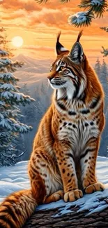 Lynx sitting in snowy forest at sunrise.