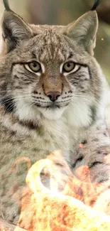 Majestic lynx resting on rocks amidst natural backdrop.