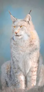 Lynx sitting against soft blue-grey background.