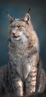 Majestic lynx sitting calmly against a rich blue backdrop.