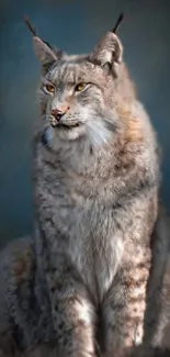 Majestic lynx sitting against a dark blue background.