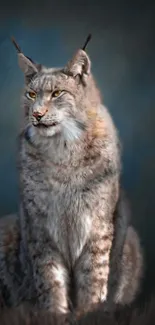 Majestic lynx sitting with a serene blue background.