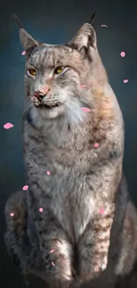 Lynx surrounded by cherry blossom petals on a dark background.