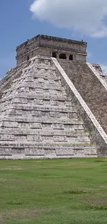 A breathtaking view of the ancient Maya pyramid under a clear blue sky.