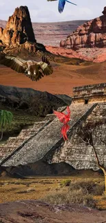 Mayan temple with birds in desert landscape wallpaper.