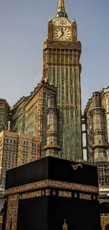 Mecca Clock Tower and Kaaba under a clear sky.