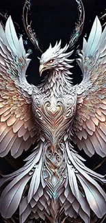 Majestic metallic phoenix with intricate design on a dark background.