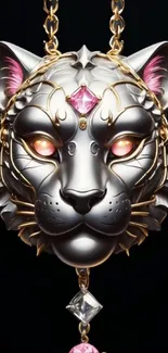 Metallic tiger head with jewels on black background.