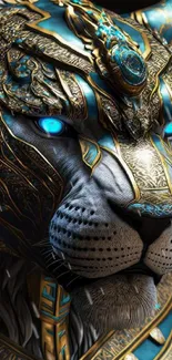 A majestic tiger with metallic blue and gold armor, glowing blue eyes, in digital fantasy art.