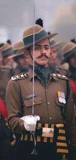 Military officer leading a parade with precision and discipline.