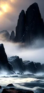 Misty mountain landscape with dramatic sky and foggy cliffs.