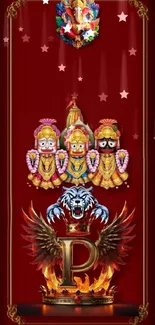 Intricate, vibrant phone wallpaper with deity and regal symbols in rich maroon.