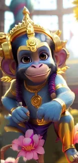 Cute monkey in golden attire with a vibrant background.