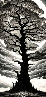 Monochrome art of a large tree against a dreamy sky backdrop.