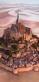 Aerial view of Mont Saint-Michel at sunset.