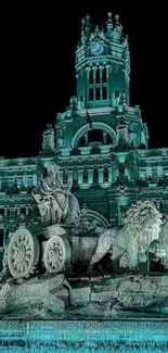 Historic monument illuminated in teal light at night, featuring statues and architecture.