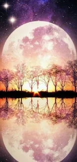 Artistic moon reflection with silhouetted trees and vibrant colors in the night sky.