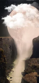 Moon waterfall cascading through cliffs under a starry sky.