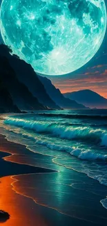 Moonlit beach scene with teal ocean and sky.