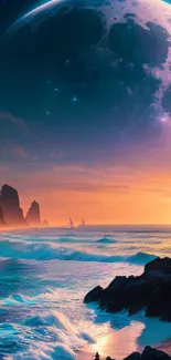 Majestic moonlit beach wallpaper with glowing sunset and ocean waves.