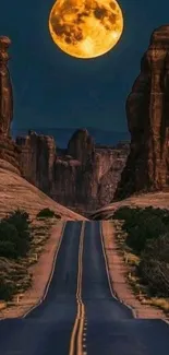 Moonlit desert road with towering cliffs.