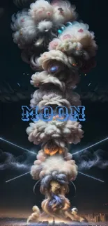 Artistic explosion of clouds with 'Moon' text at night.