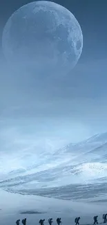 Hikers trek under a large moon and snowy mountains.