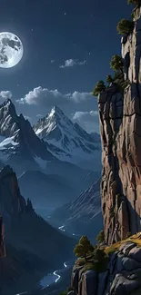 Moonlit mountain landscape with cliffs and river.