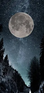 Majestic full moon with stars over a snowy forest path.